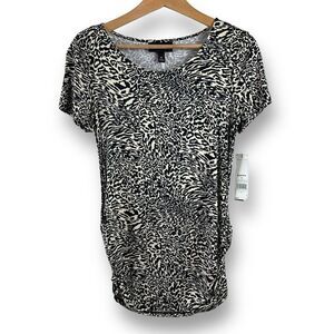 Donna Buchman Women's M Side Scrunch Leopard Print Blouse Black Tan Stretchy New